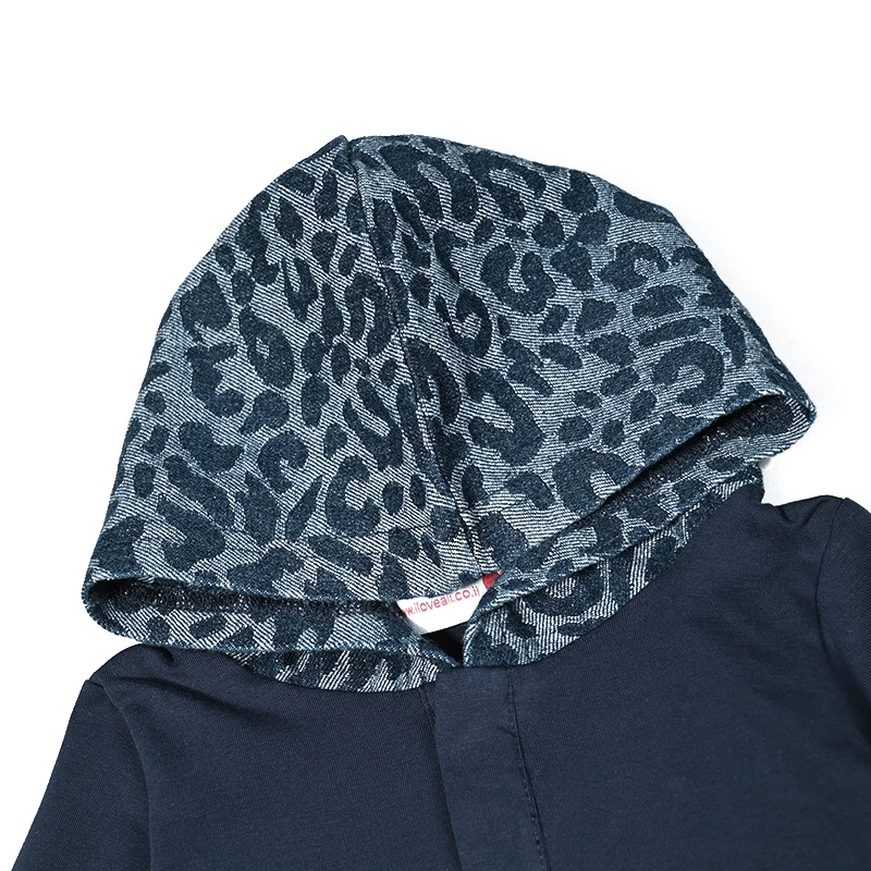 Blue Leopard Denim Children Set Long Sleeve Top Shirt Outfit Denim Washed Cotton/Spandex Dress Leopard Hoodie and Raw Edge Patch