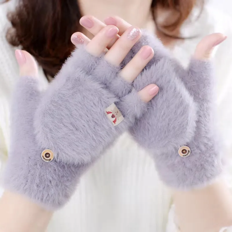 Cute Women's Flip Gloves Plush Autumn Winter Kawaii Knit clamshell Gloves Soft Elastic Half-Finger Warm Writing Velvet Gloves