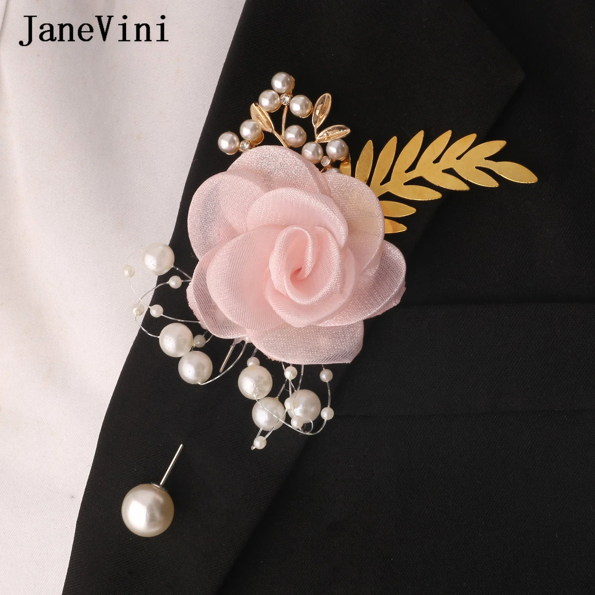 

JaneVini Pink Wedding Boutonniere Buttonhole Groomsmen Groom Pearls Flowers Wedding Guest Wrist Corsages Mensuit Accessories