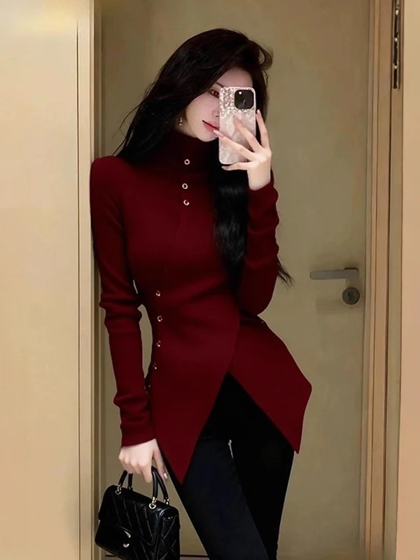 

Осенне-зимний вязаный свитер с высоким воротом для женщин, асимметричный топ с разрезом на талии, французский стиль, облегающий крой, длинный рукав