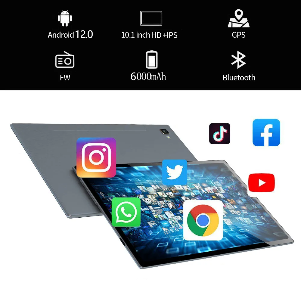 Tablette Android 10.1 avec écran tactile HD de 10.1 pouces, 8 Go de RAM, 256 Go, divertissement, carte d'apprentissage, 8 cœurs, 6000 mAh, originale, neuve