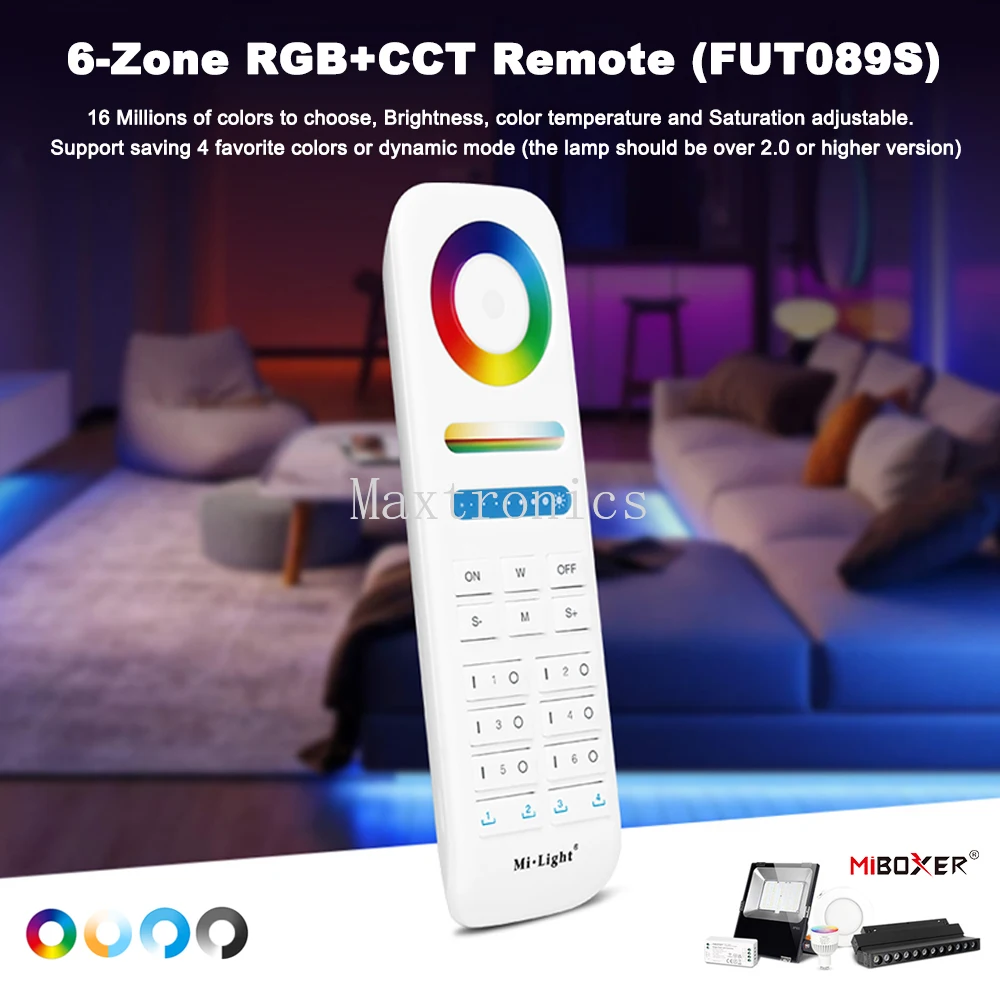 NEW Miboxer FUT089S 2.4GHz 6-Zone RGB+CCT RF Touch Remote for Single color/CCT/RGB/RGBW/RGB+CCT Lamps Or LED Strip Light Series