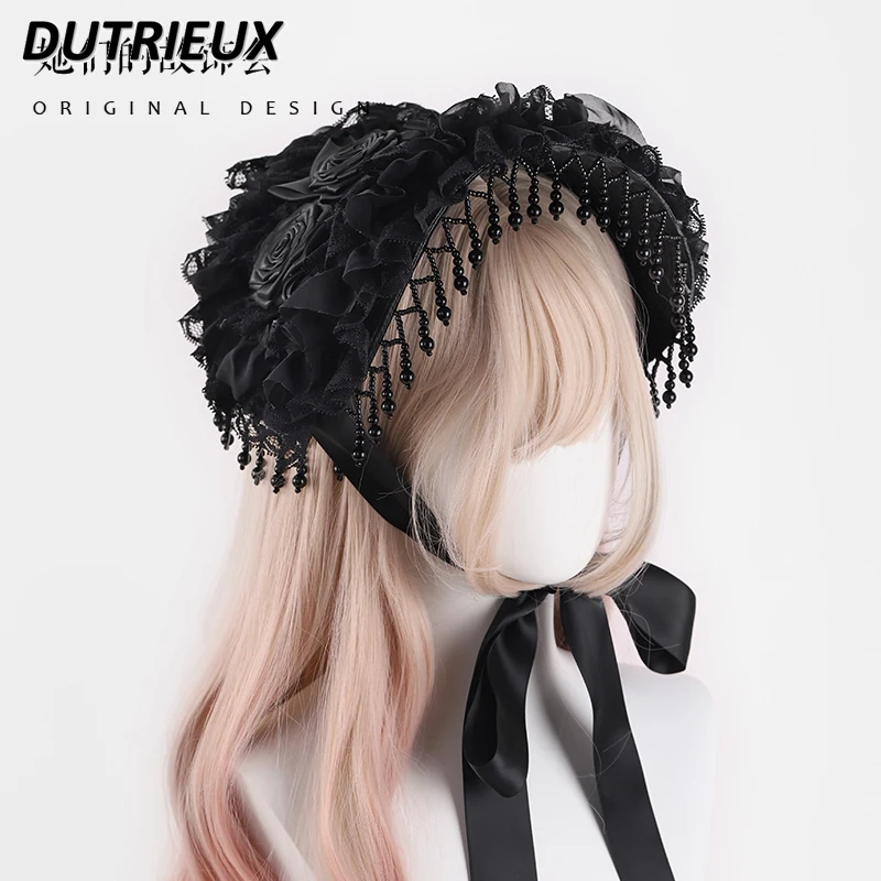 Original Lolita Handmade Gothic Black Pearl Tassel Women Hat Sweet Cute Schoolgirl Lace Flowers Halloween Lace Up Hats Caps