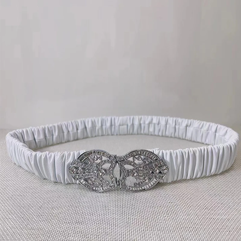 Cinturino elastico in pelle di pecora con fibbia in argento con strass, cintura elastica con fibbia a diamante, cintura morbida in pura pelle bianca