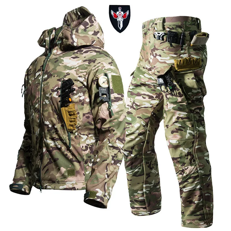 New Soft Shell Tactical Jacket Men Winter Fleece Hooded Coat Hunting Pants Outdoor Camouflage CS Tops Waterproof Windproof - view 5