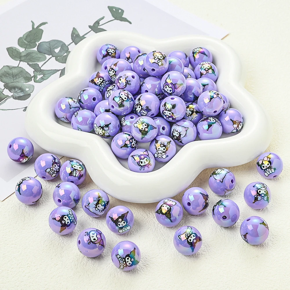 

10pcs Sanrio Purple Kuromi Acrylic Beads Random Mix Round Beads For Handmade Pacifiers Chain DIY Jewelry Necklace Bracelet Gift