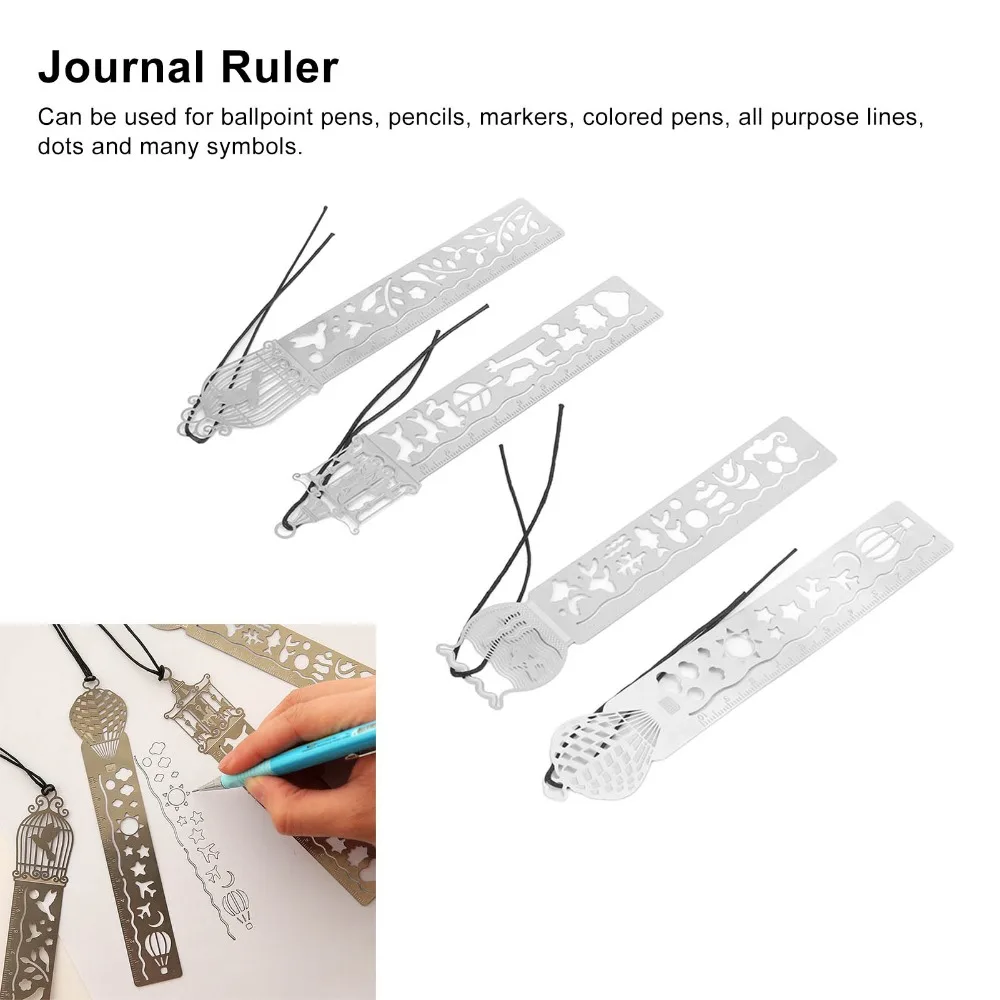 4PCS Cartoon Themed Stainless Steel Stencil Ruler Silver Multifunctional Drawing Template Bookmark Ruler Card Making