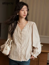 MISHOW French Lace Shirt Women 2024 Fall Winter New Gentle V-neck Hollow Thin Section Shirt Casual Senior Blouse MXD35X1681