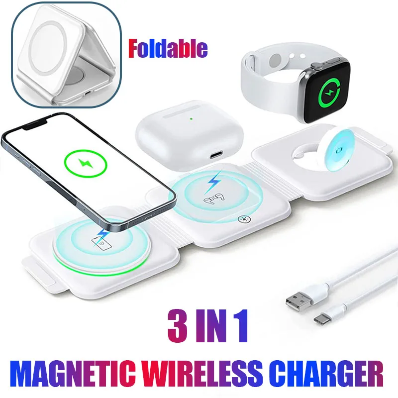 

Магнитное портативное беспроводное зарядное устройство 3 в 1, держатель для мобильного телефона для iPhone 16, 15, 14, Apple Watch AirPods, док-станция для быстрой зарядки