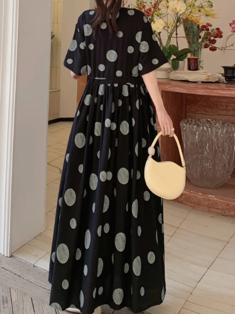 Polka Dot Dress Women Summer Vintage Lace-up Slim Long Dresses Causal A-line Big Swing Vestidos