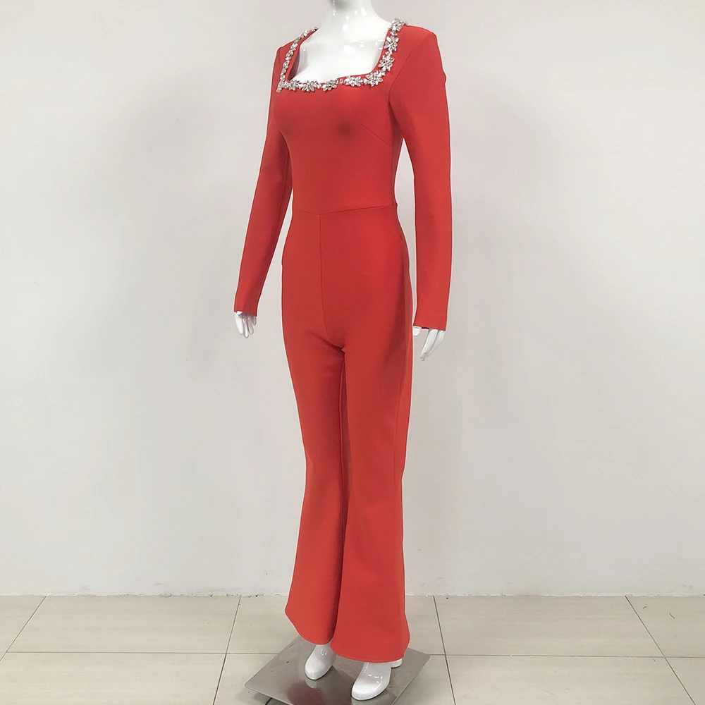 GORAFASHION Fashionable Rhinestones Diamond Hollow Red Color Bandage Jumpsuit Woman Lady Office Wear Jumpsuits For Women