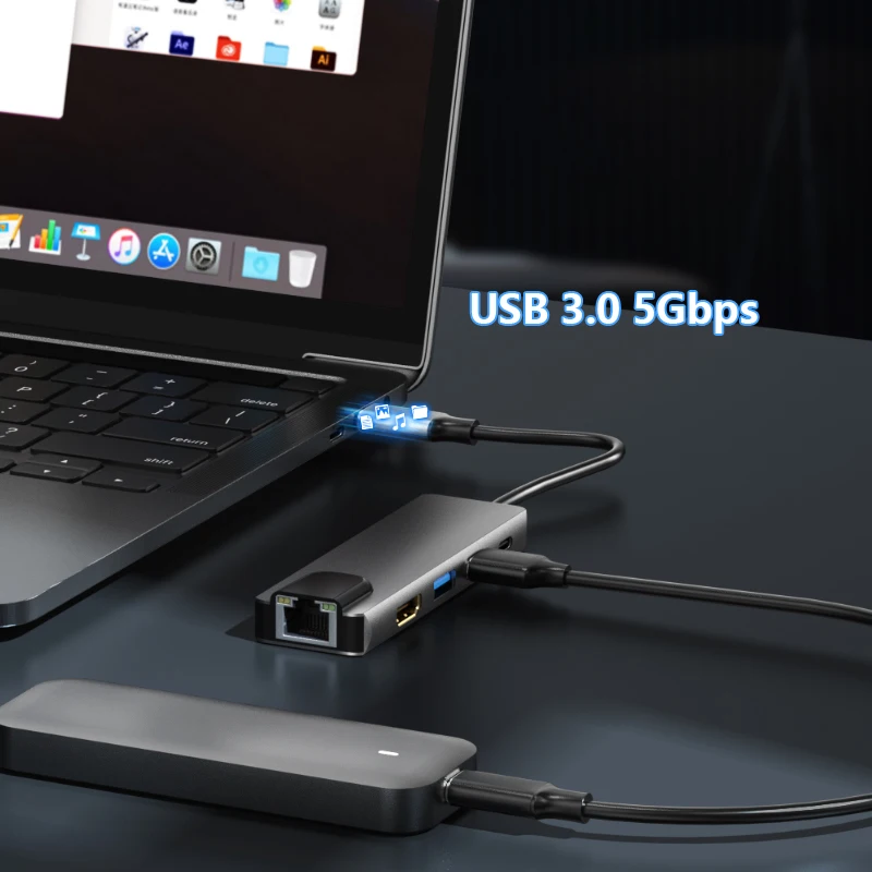 Док-станция RUNBERRY 5 в 1, USB c, HDMI, 4K, 60 Гц, USB 3,0, RJ45, 1000 Мбит/с