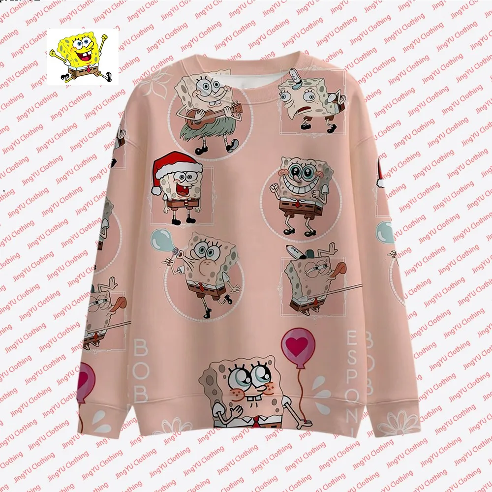 2023 Autumn New Harajuku Street Fashion Casual Tops Round Neck Pullover Children\'s Cute Spongebob Animation Printed Pullover