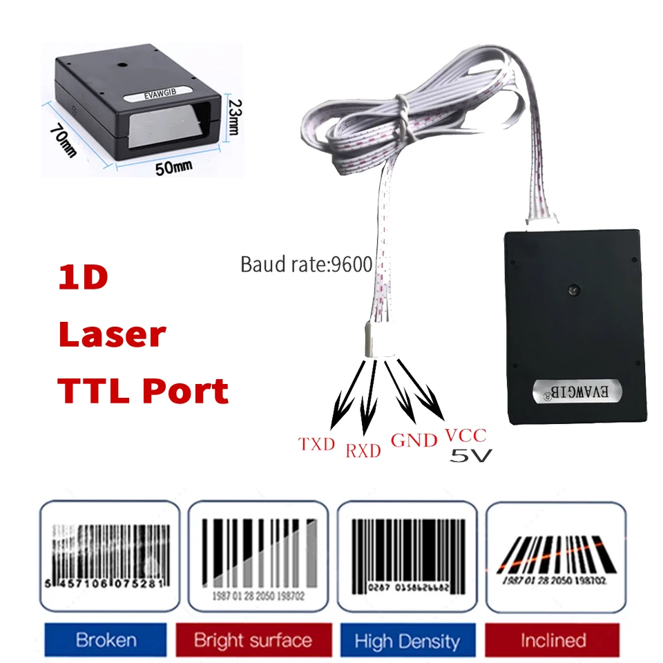 EVAWGIB Δωρεάν αποστολή Μονάδα 1D Laser Barcode Scanner 1d Bar Code Reader Module TTL Interface for Raspberry Pi