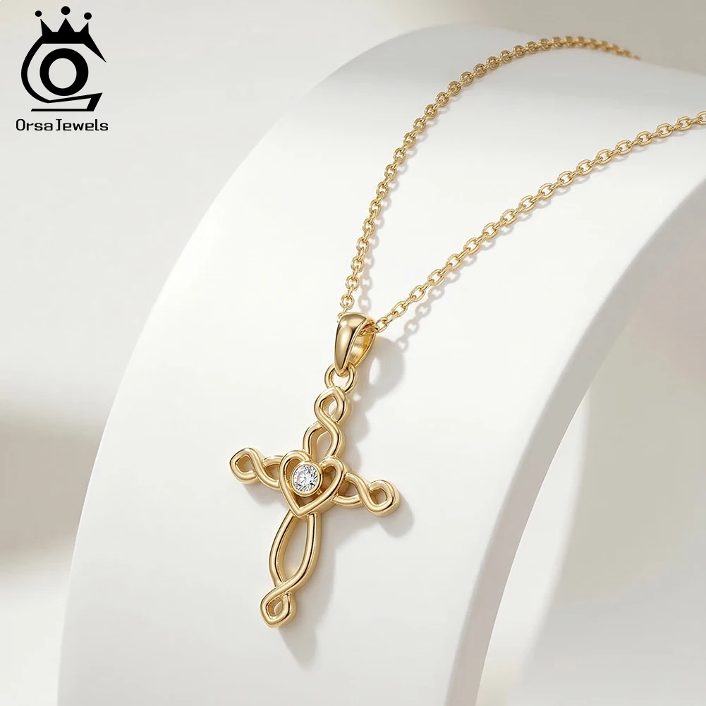 ORSA JEWELS Classic 925 Sterling Silver Twisted Cross Pendant Necklace for Women Elegant Necklace Party Jewelry Gift APN68