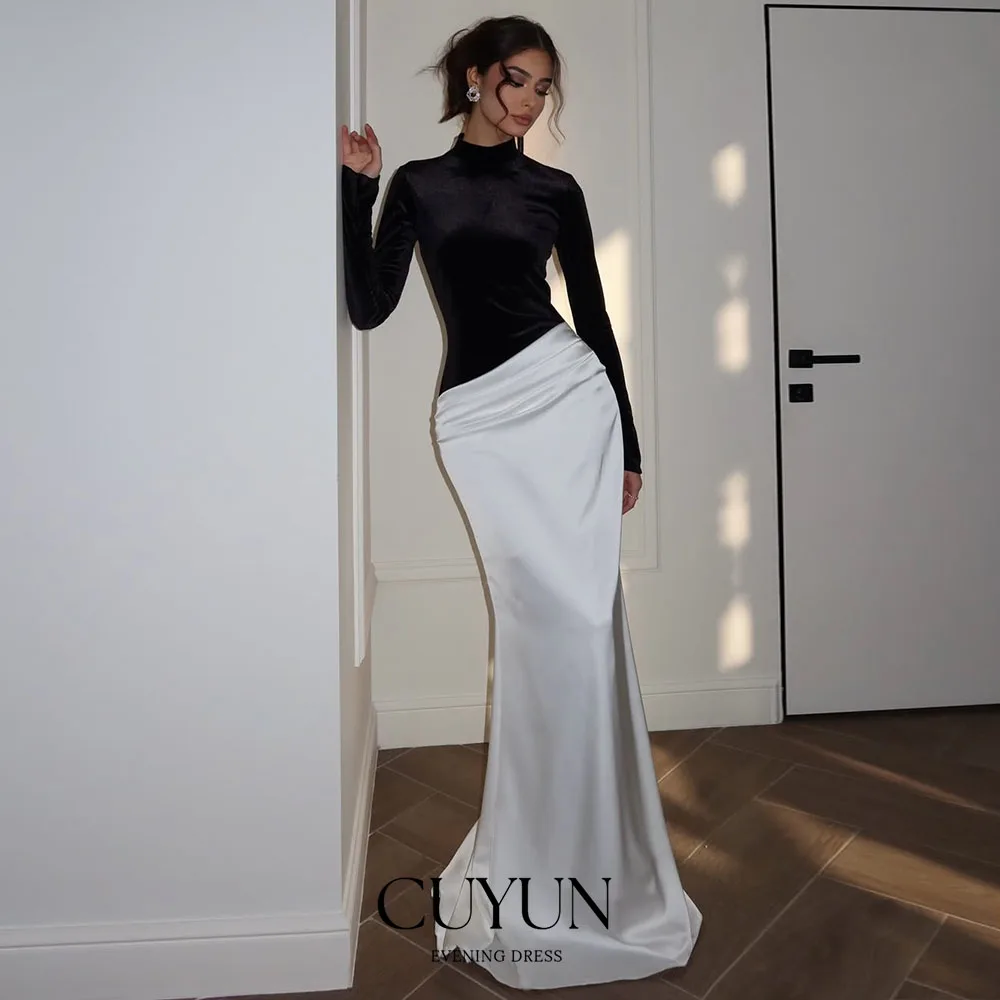 

CUYUN Customized Muslim Modest Evening Dresses Satin Asymmetric Ruched Prom Gowns Long Sleeves Dress For Wedding Guest Elegant