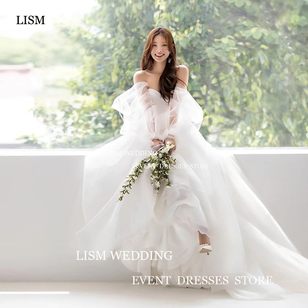 

LISM Fairy Tulle Long Puff Sleeve Korea Wedding Dresses Strapless A-Line Formal Dress Vestidos De Novia Custom Bride Gowns