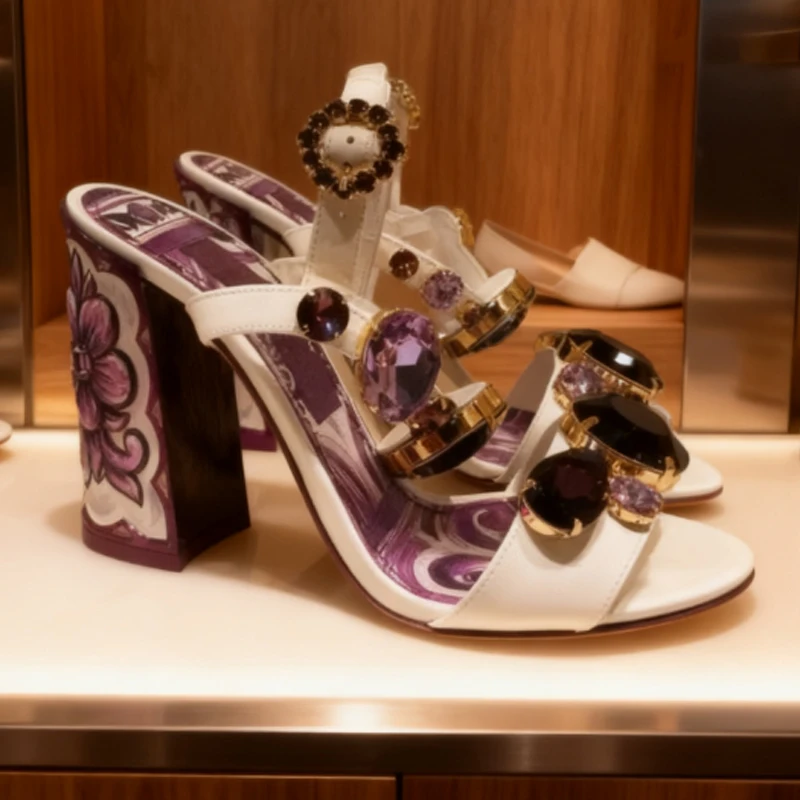 Purple Porcelain Print Amethyst Platform Block Heel Sandals Woman Summer 2026 Bohemia 3D Printing Buckle Open Toe High Heels