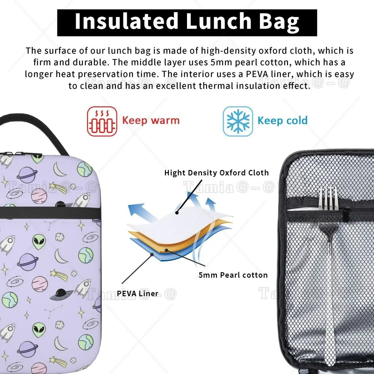 Green Alien Spaceship Pattern Insulated Lunch Bag for Women Children Leakproof Food Boxes Thermal Lunch Box Tote
