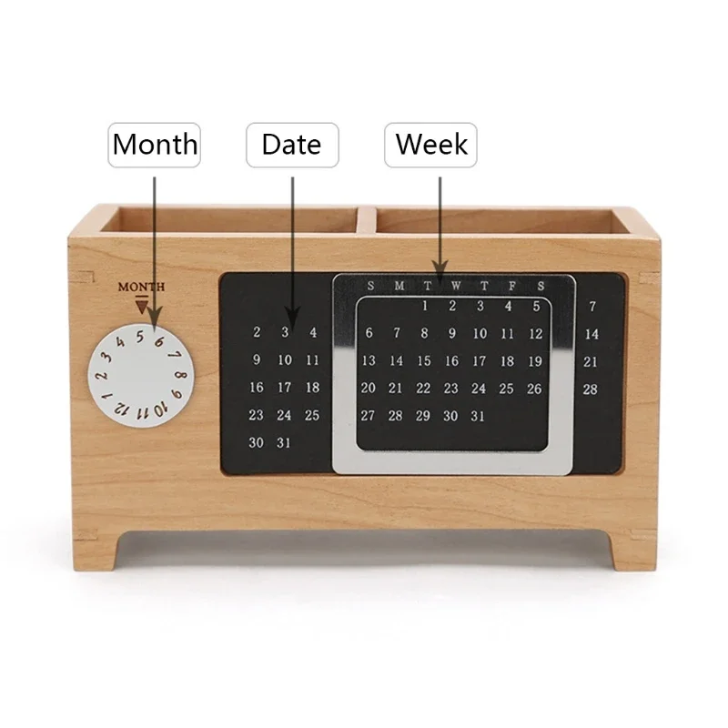 Solid Calendar Pen Holder Multifunctional Desktop Office Organizer Stationery Pencil Storage Box for Office Home Decoration