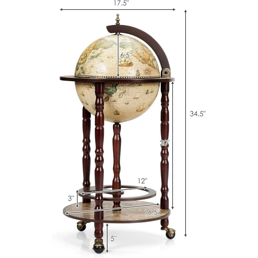 Réplica italiana de soporte para bar de vinos con globo del siglo XVII, gabinete de madera y ruedas para botellas de licor