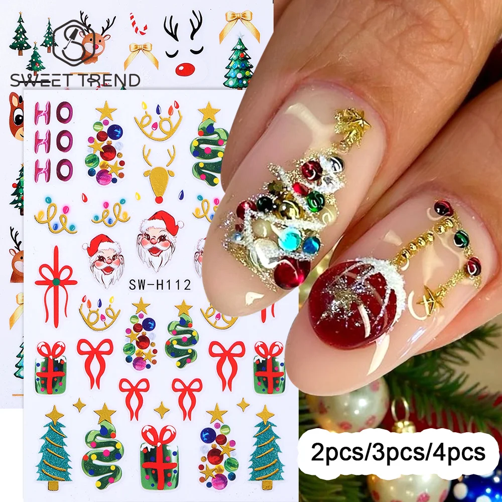 SWEET TREND-2/3/4pcs Christmas Nail Stickers White Snowflakes Bow Star Nail Decals Adhesive Elk Xmas Nail Slider Manicure Decor