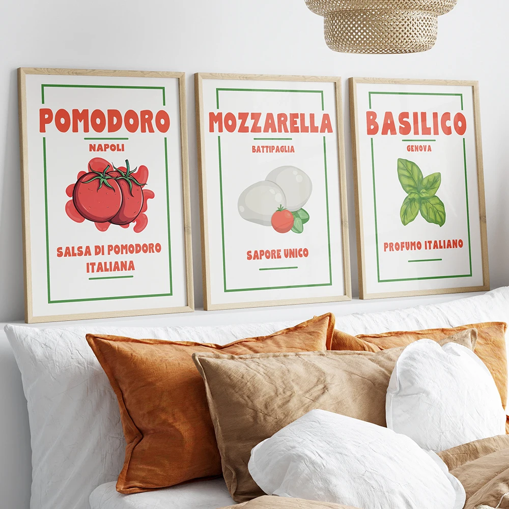 Vintage Italian Food Nordic Poster and Prints Pomodoro Mozzarella Canvas Painting Wall Art Pictures Retro Kitchen Canteen Decor