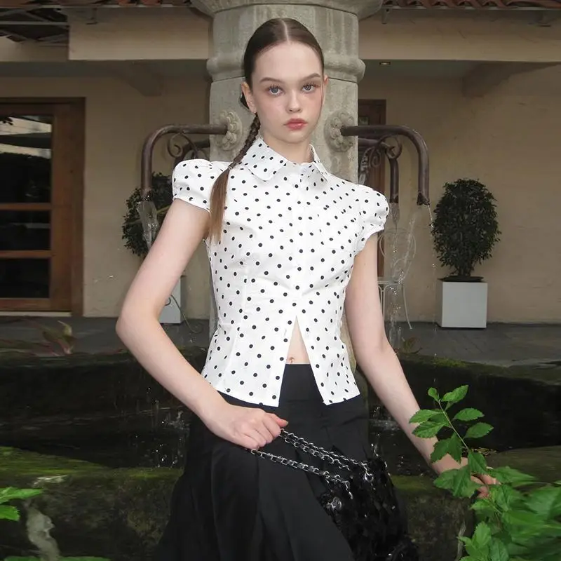 

Onalippa 2025 French Style Shoulder Bubble Sleeves Elegant Polka Dot Pure Sweet Waist Cinching Slimming Women Collar Shirt