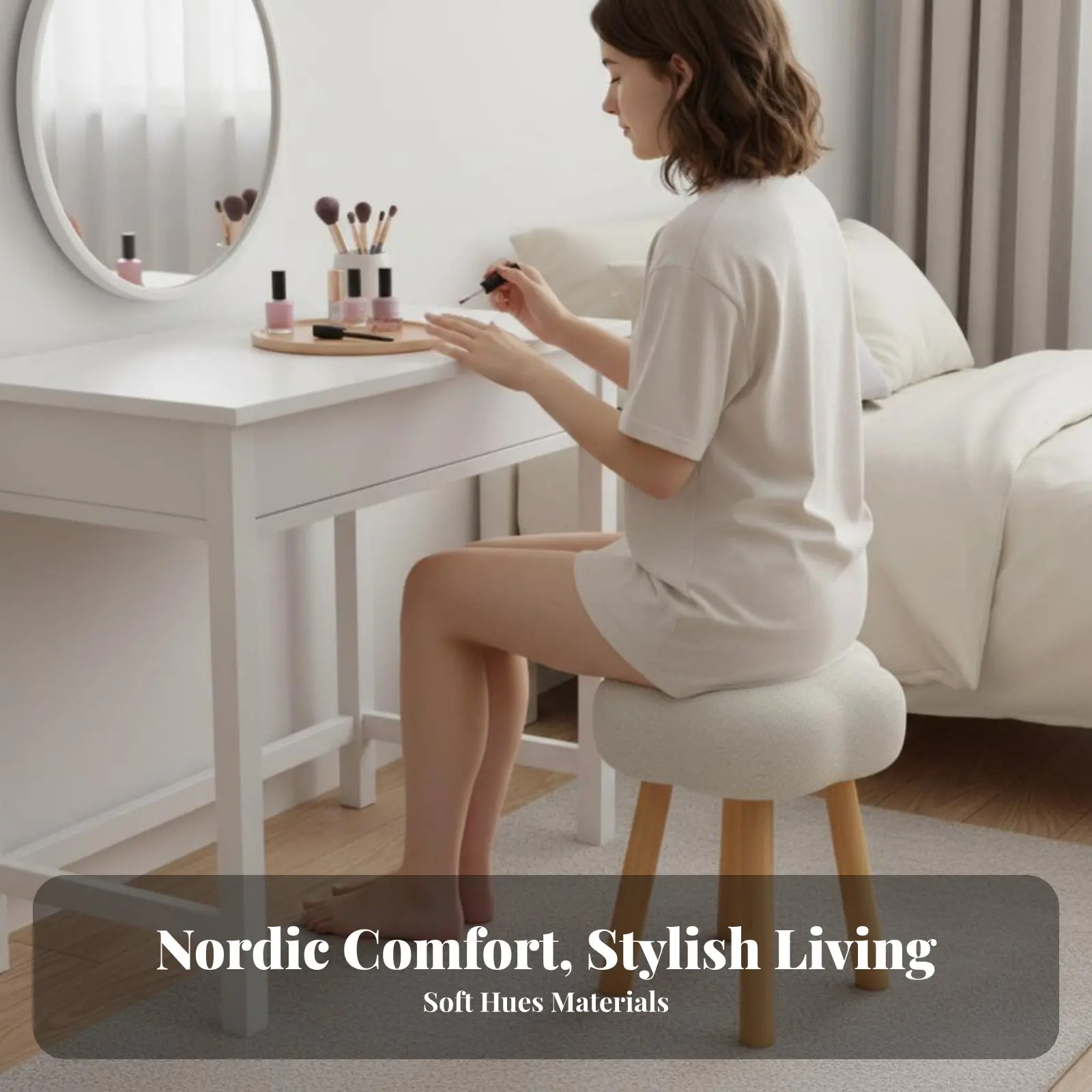 CumulusShaped Pouf Soft Texture Round Boucle Pouf Minimalist Visual Modern Design for for Individuals, Vanity Area, Entryway