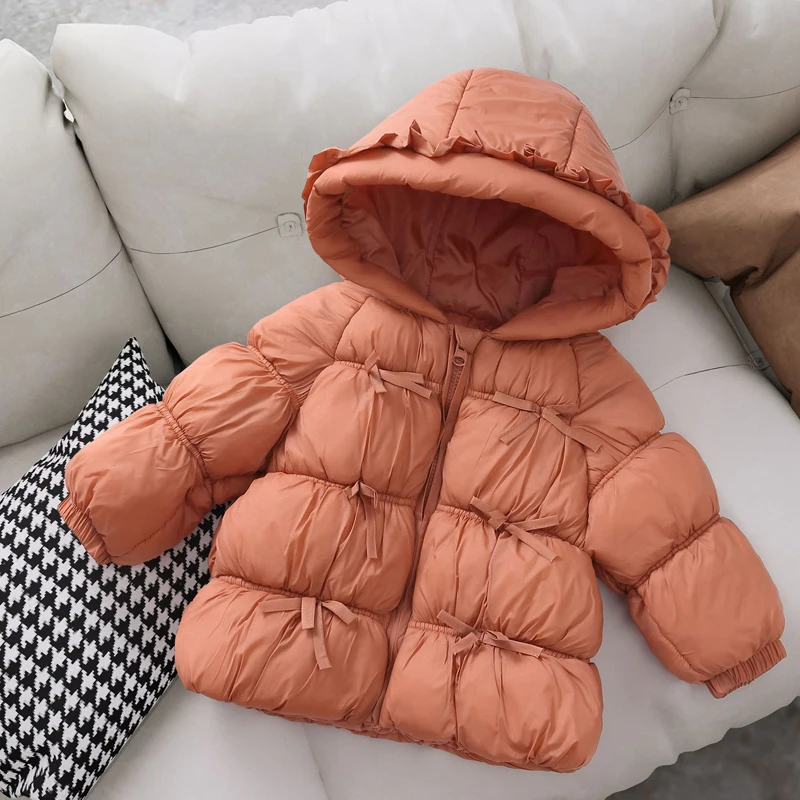 123  2026 Winter New Girls Jacket Solid Color Bow Thick Warm Hooded Zipper Coats For Girls Cotton Down Fashion Snowsuit 2-6 Y