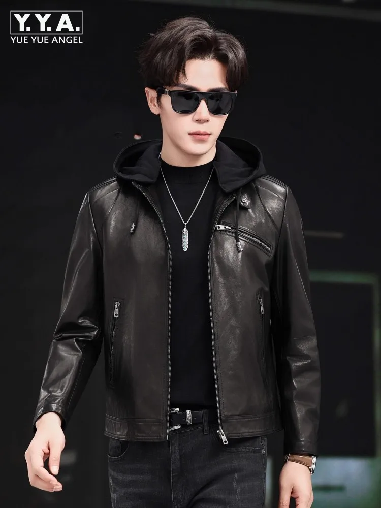 

Top Quality Mens Slim Fit Sheepskin Genuine Leather Jacket Motorcycle Riding Hooded Coat Fashion Bikers Natural Leather Jackets