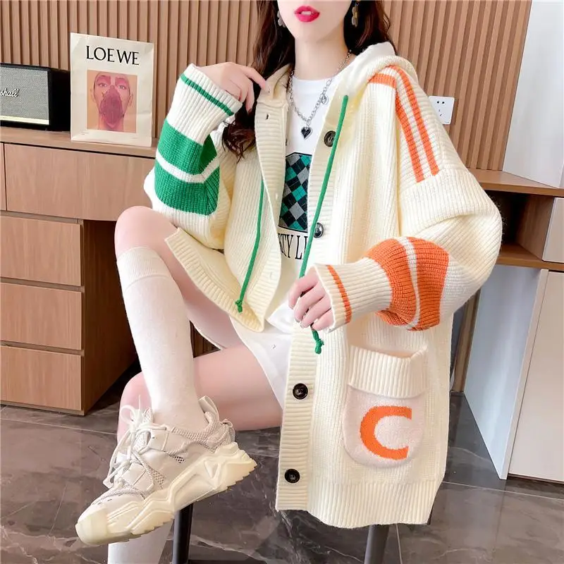 Lazy Style Hooded Sweater Cardigan Women\'s Mid Length Korean Version 2023 New Loose Knit Jacket Winter Clothes Women Sweater