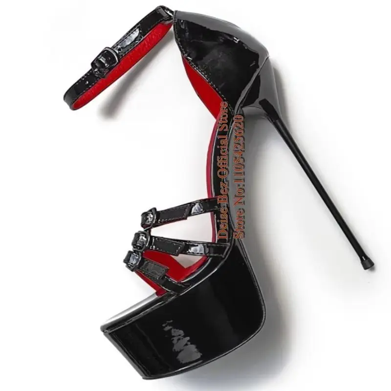 

Black Patent Leather Platform High Heel Sandals 16Cm Metal Thin Heels Multiple Buckle Straps