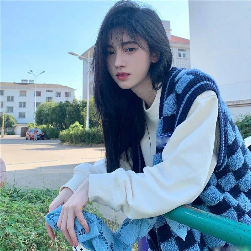 

Chic Blue Plaid Knitted Vest Women's Loose Lazy Sle Lamb Fur Svel Sweater Jaet Korean Sle V-ne Button Cardigan