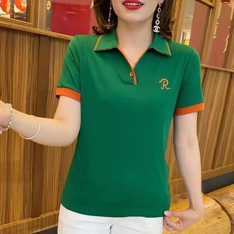 New Women Summer Contrast Color Letter Polo Shirts Female Casual Short Sleeve Tees Fashion Sports Joggers Tops Y2K Ropa De Mujer