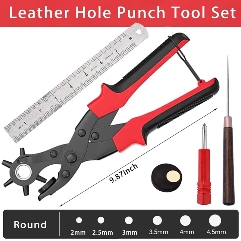 NEW-Leather Hole Punch Set, Super Heavy Duty Rotary Puncher, Precision Multi Hole Sizes For Belts, Crafts Holes