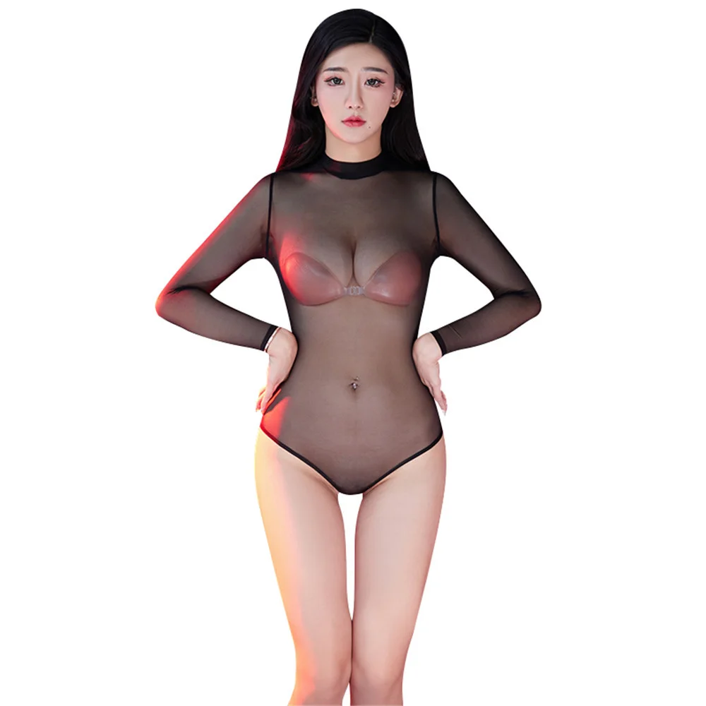 Sexy Mesh Thin HIgh Cut Bodysuit Oil Shiny Elastic Tights Sheer See Through Long Sleeve Woman Allure Leotard Exotic Tops