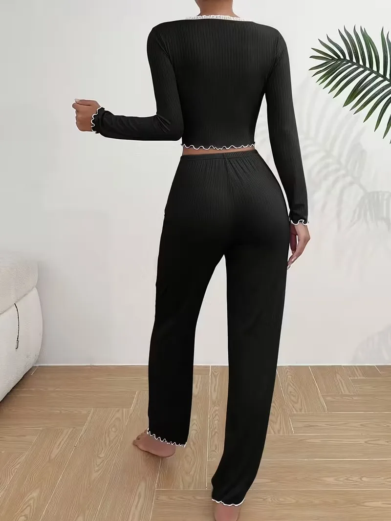 Women Autumn Winter Pajamas Set V-Neck Long Sleeve Contrast Lace Knit Pullover and Trousers 2 Pieces Sleepwear Loungewear