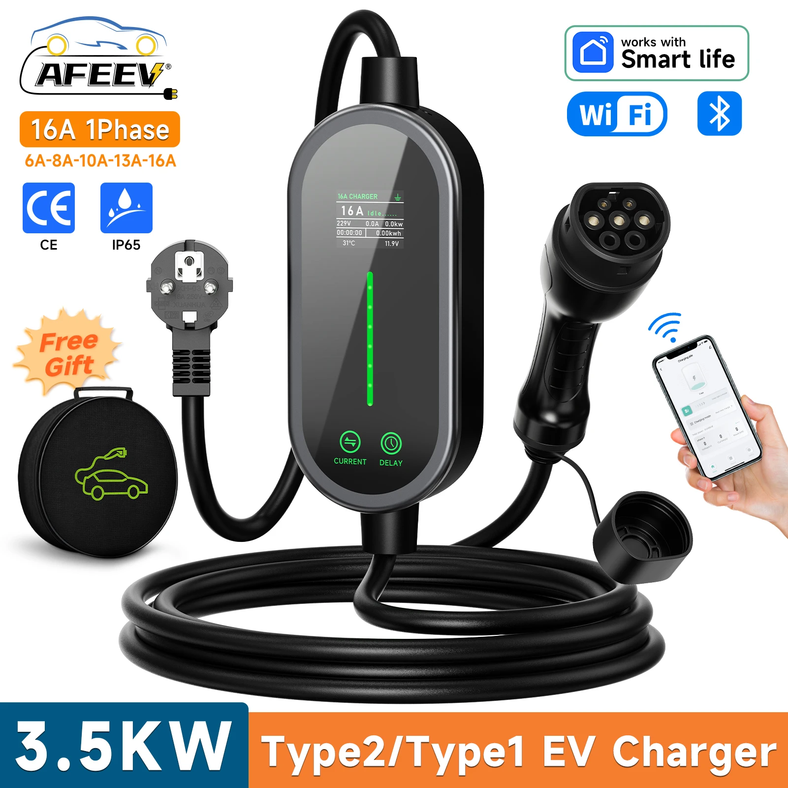 AFEEV Type2 Portable EV Charger 3.5KW 16A Type1 Electric Car Charger EVSE Fast Charging Cable Wallbox WiFi APP Bluetooth Control