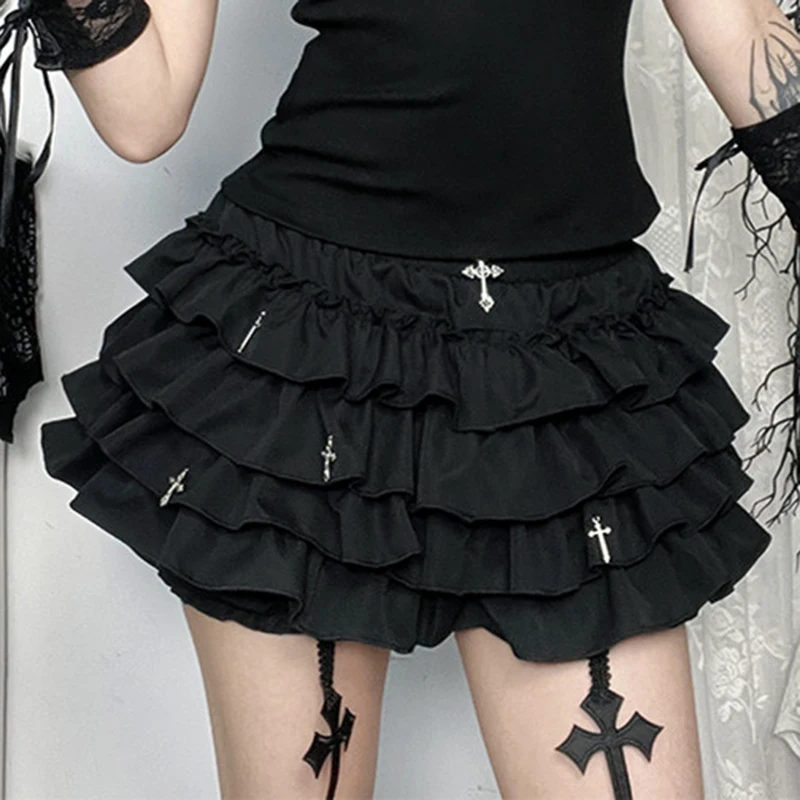 Black Mini Skirt with Cross Pendant Built-in Shorts Tiered Ruffled Trim Shoujo Girl Sukapan Gothic Lolita Kawaii Cake Skirt