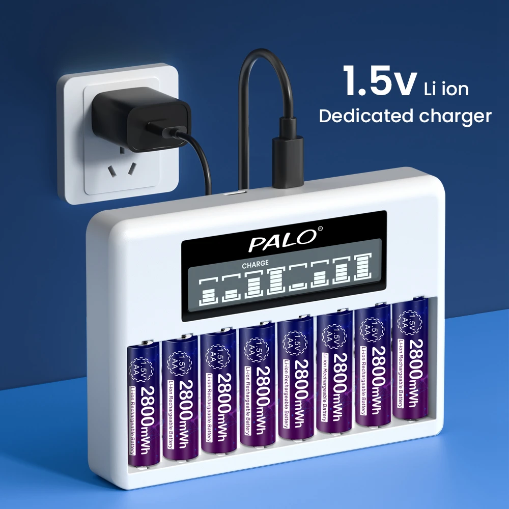 Caricabatteria ricaricabile PALO 1.5 V AA AAA caricabatterie intelligenti veloci a 8 slot per batterie agli ioni di litio da 1.5 volt 2A 3A