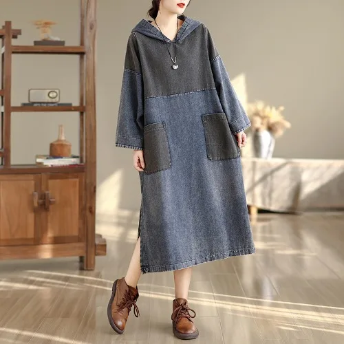 

SuperAen весенне-осеннее новое джинсовое длинное платье с длинными рукавами и капюшоном контрастного цвета для женщин, свободное платье с потертостями