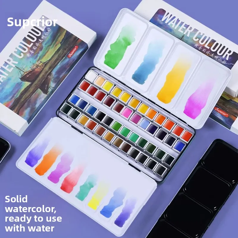 12 24 36 48 Color Solid Watercolor Paint Set in Iron Box with Water Brush Pen and Palette, Pearlescent Portable Watercolor Kit