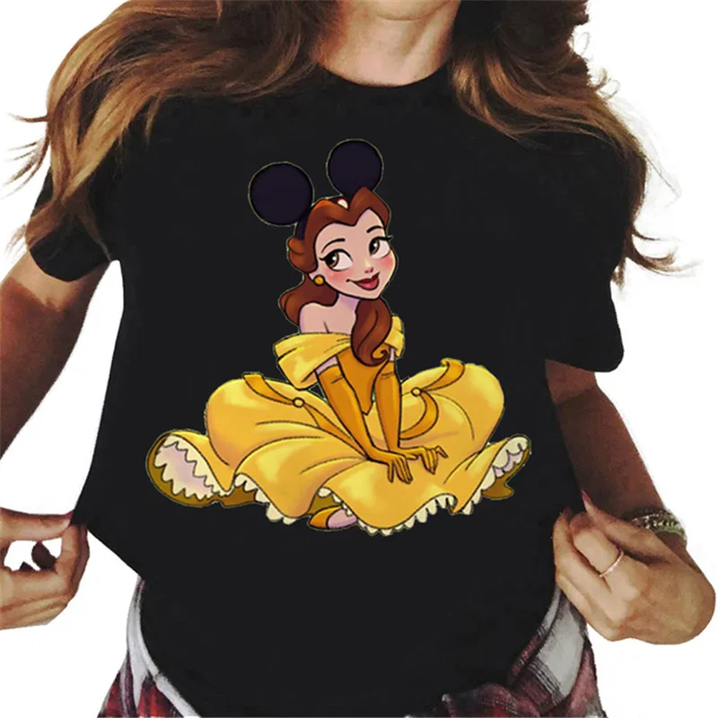 Mickey Ear Hat Ariel The Little Mermaid Print Women T-shirts Casual Streetwear Vintage Harajuku Princess Print T Shirt 90s Girls