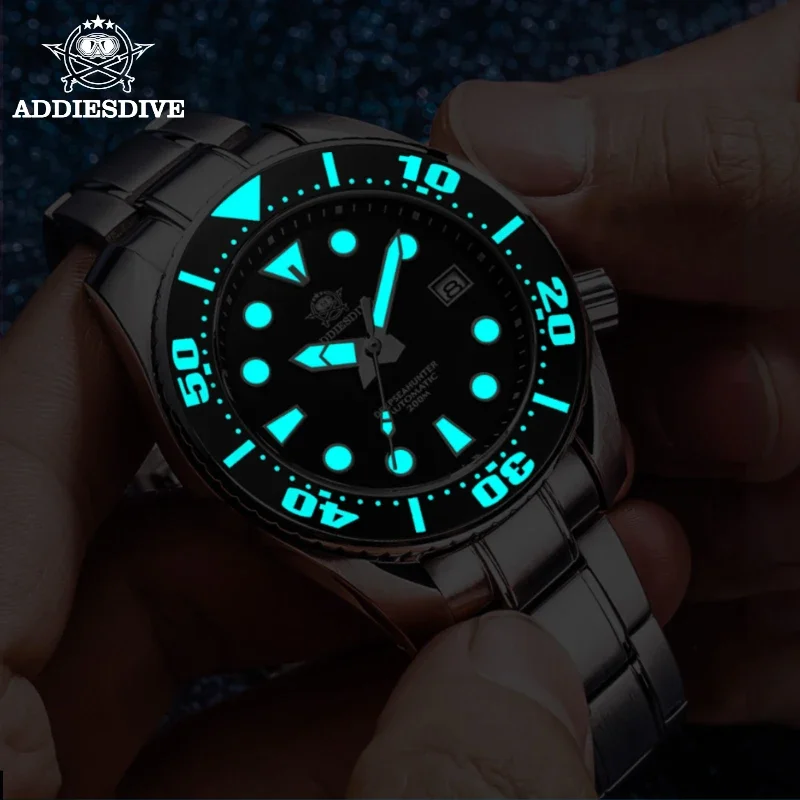 Reloj luminoso Addies Dive para hombre, bisel de cerámica negra, reloj de acero inoxidable 316L, cristal de zafiro NH35, reloj automático de buceo de 200m