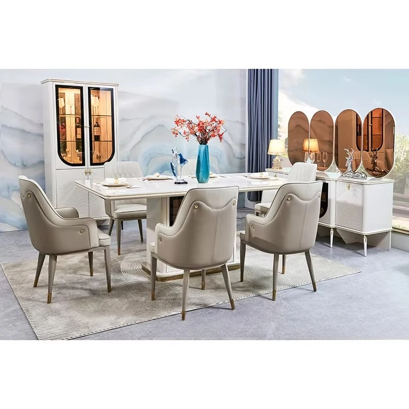 Elegant Luxury Dining Table and Chair Set 6 Seats Furniture Home Storage White Complete Modern Large Wooden Dining Room Set