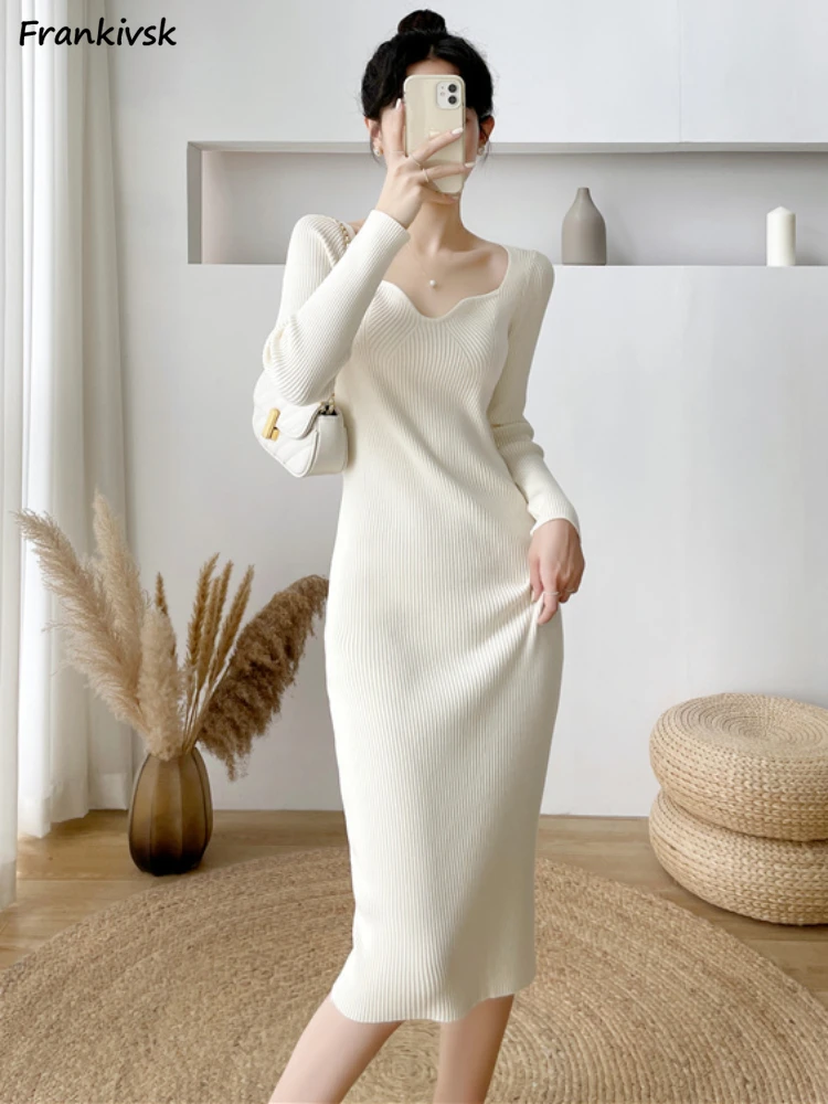 

Slim Dresses Women Office Lady Solid Advanced Simple Temperament Versatile Formal Knee Length Exquisite Hipster Korean Style