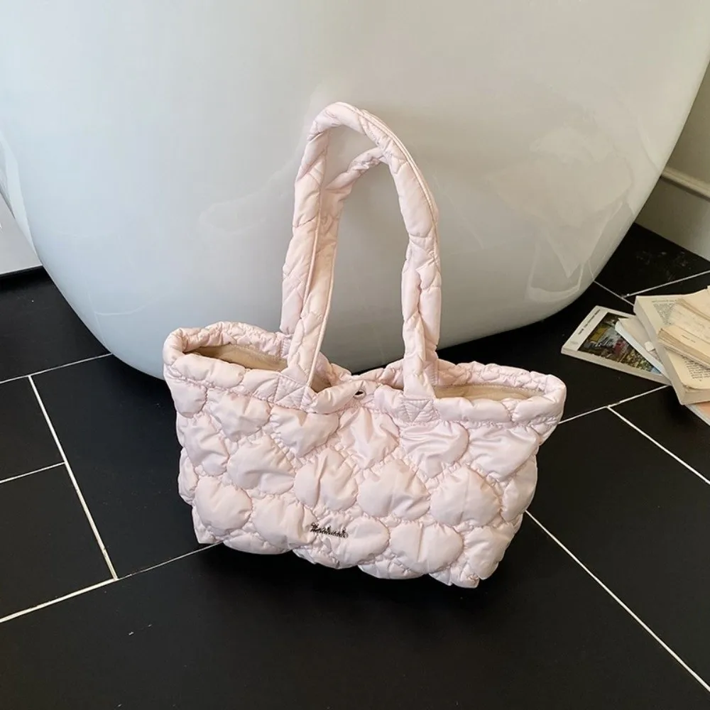 Casual Solid Color Puffy Tote Bag Korean Large Capacity Quilted Heart Bag Leisure Waterproof Women's Handbag Girls