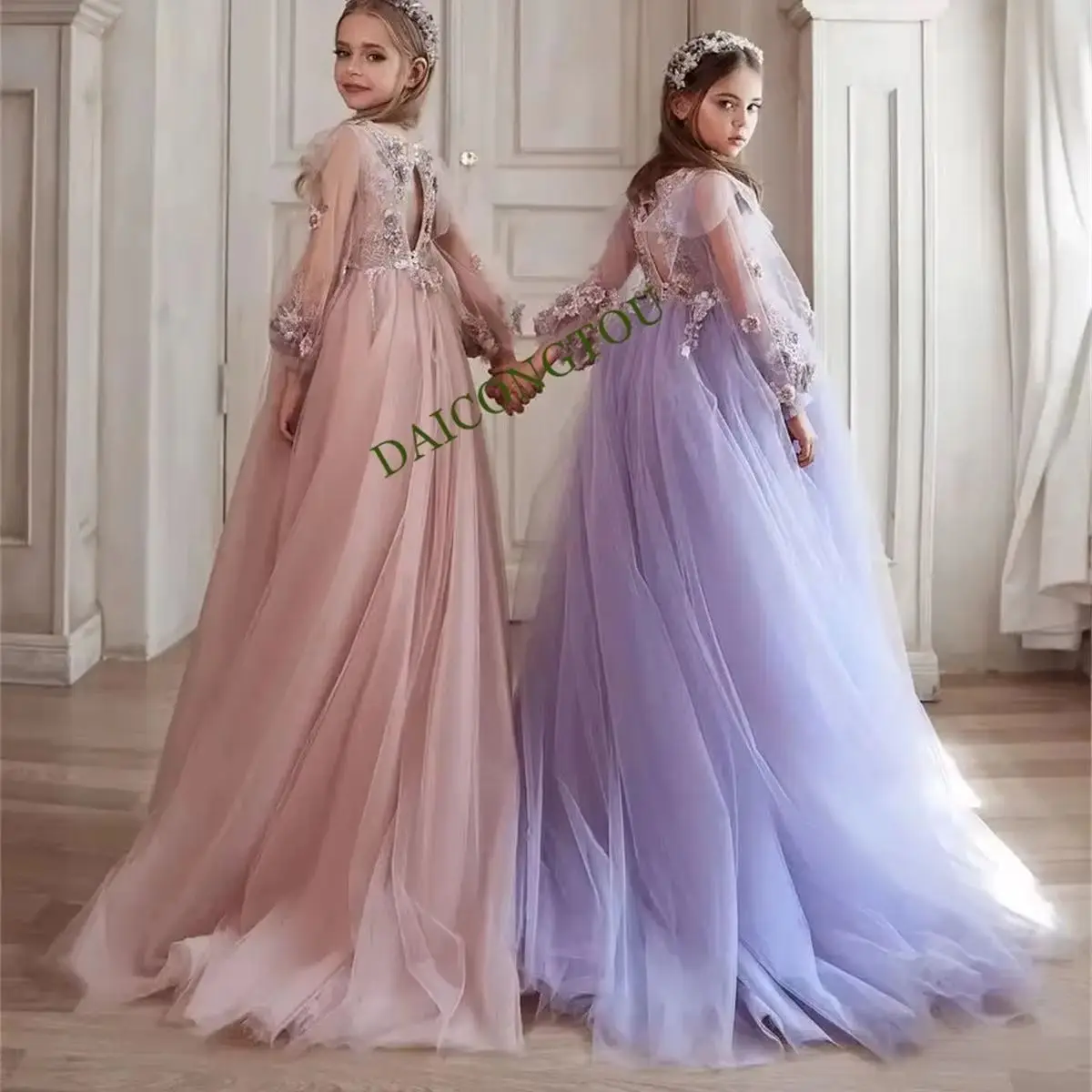 

CustomizedPink Flower Girl Dress Long Sleeves For Weddings A-line Tulle Appliques Beaded Long First Communion Gowns Evening Dres