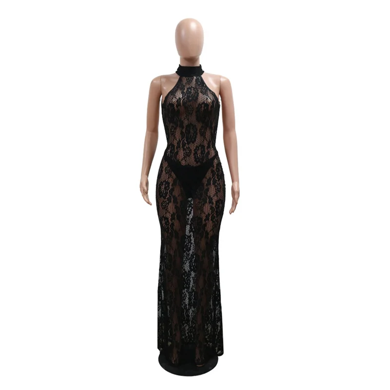 Summer Women Backless Halter Slim Party Sexy Long Lace Dress Perspective 2024 Sleeveless See Through Hot Sexy Night Club Dress